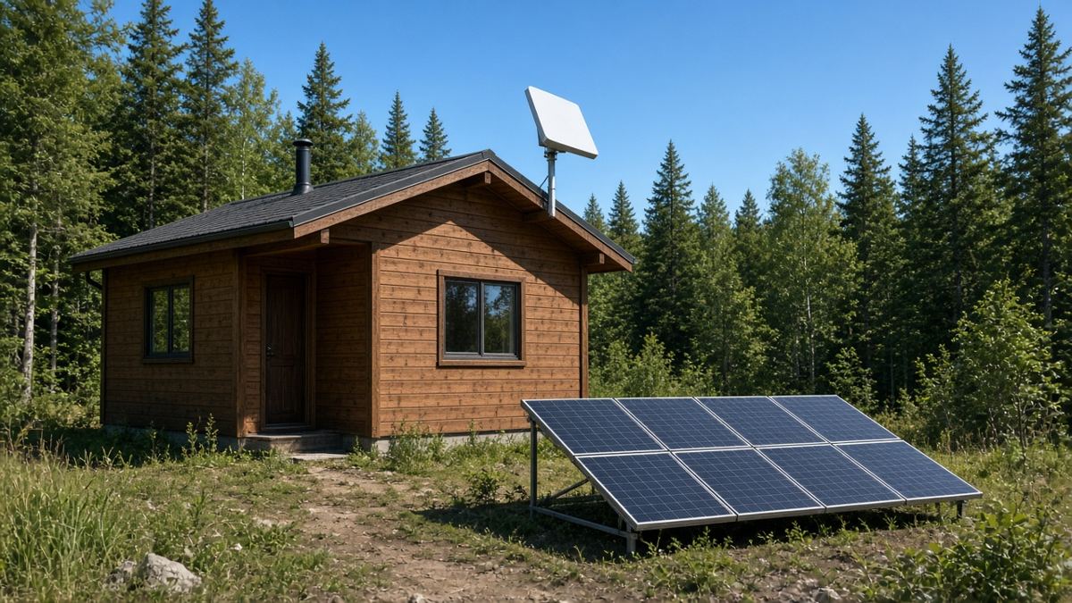 Illustration of an off-grid wooden cabin with a rectangular satellite dish on a mast and a ground-mounted solar array