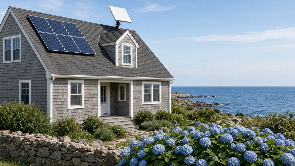 Illustration of a shingled coastal Rhode Island home with rooftop solar panels and a flat rectangular satellite internet terminal on the roof
